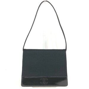 CHANEL vintage CC logo flap bag Shoulder Bag cotton / Patent Leather Black